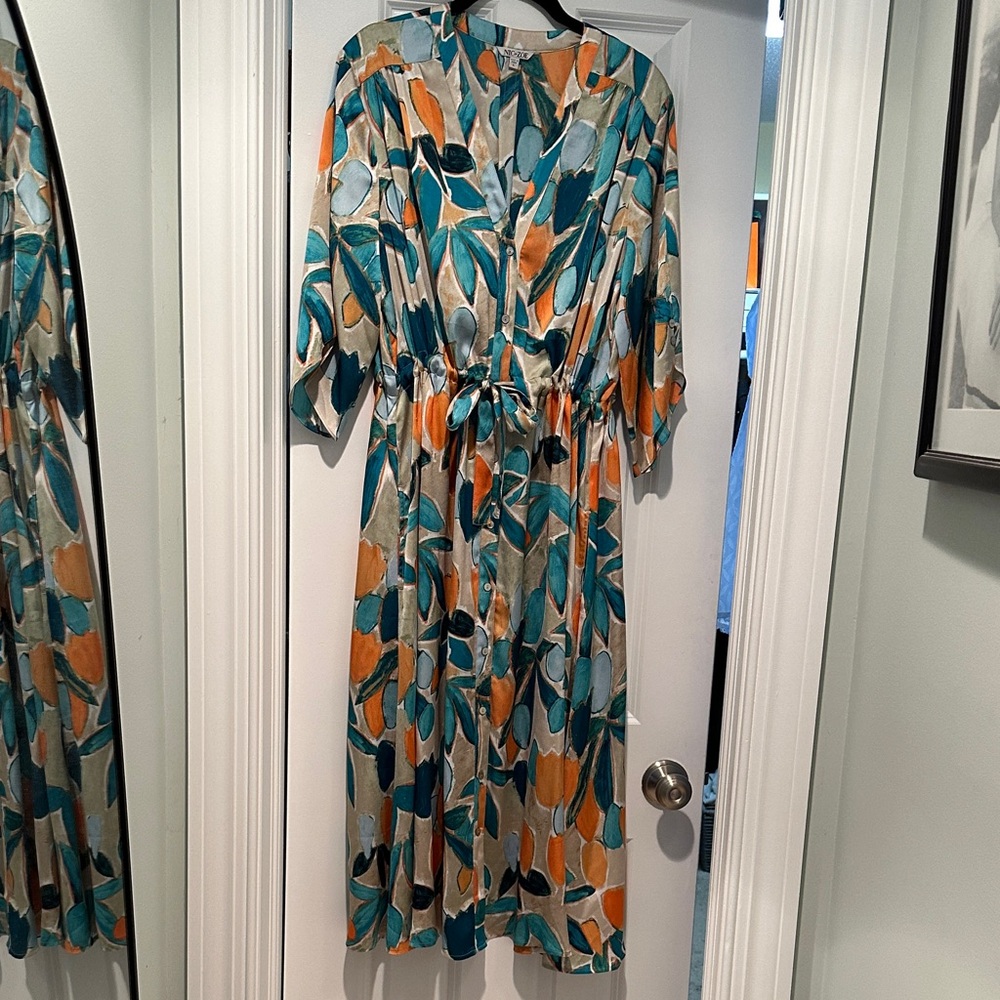 NIC+ZOE Teal and Orange Leaf Print Midi Dress